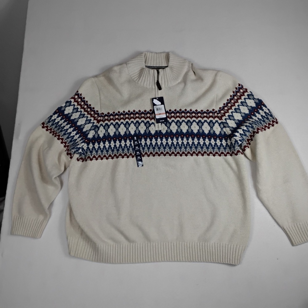 IZOD Mens 3XB Big Tall Fair Isle Quarter Zip Sweater Ivory Blue Red NWT